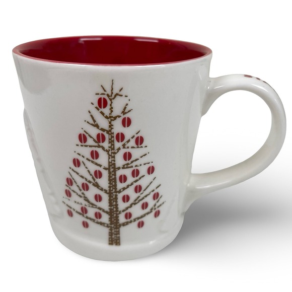 Starbucks Coffee Mug 14oz White Red Christmas Tree Reindeer Holiday 2008 - Picture 1 of 6